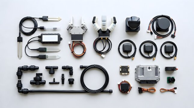 agricultural sensor component kit arranged for precision farming systems including moisture probes cables controllers and field electronics
