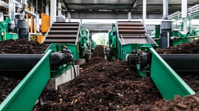 Industrial composting facility processing organic waste through conveyor systems under bright diffused lighting