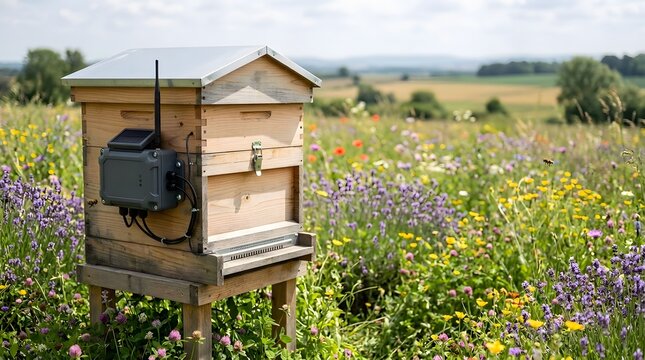 solar powered smart beehive monitoring system installed in a wildflower meadow for connected pollination and hive management