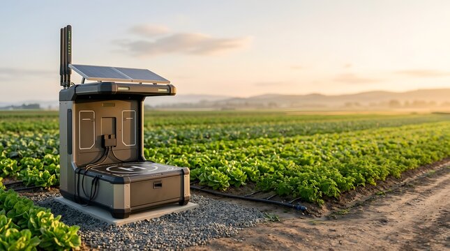 solar powered agricultural drone docking station beside crop fields for autonomous aerial monitoring charging and precision farm operations
