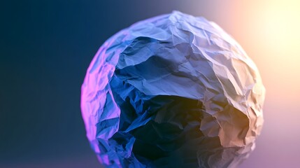 Fototapeta premium A crumpled paper sphere illuminated by vibrant blue and warm orange light against a gradient background