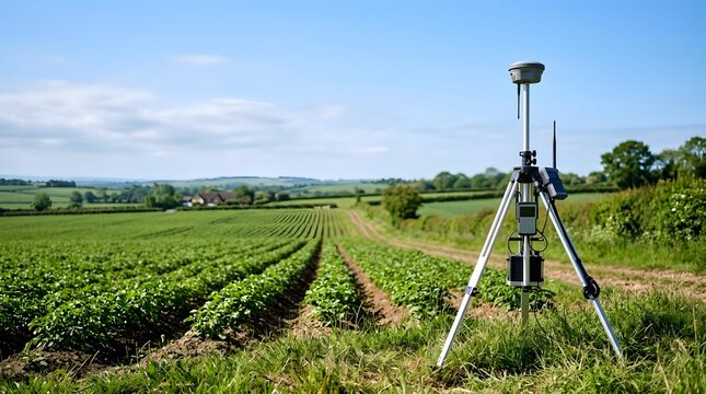 rtk gps base station beside cultivated farmland providing high precision positioning for autonomous agriculture and precision field operations