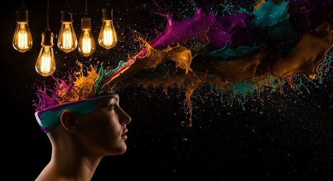 Burst of creative ideas and colors exploding from a human head beneath glowing vintage lightbulbs.