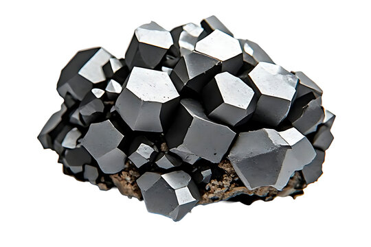 IA generated, raw hematite mineral specimen in "Iron Rose" rosette formation of hexagonal crystals isolated on white background.