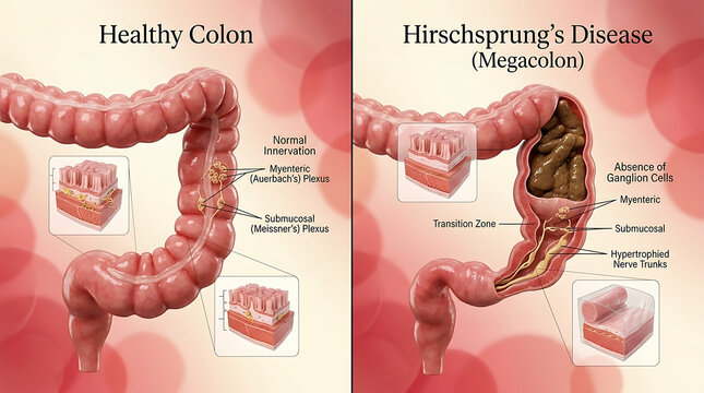 Healthy Colon Versus Hirschsprung's Disease Megacolon and Aganglionic Segment