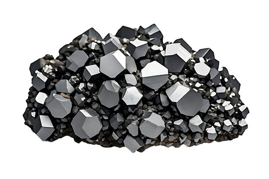 IA generated, raw hematite mineral specimen in "Iron Rose" rosette formation of hexagonal crystals isolated on white background.
