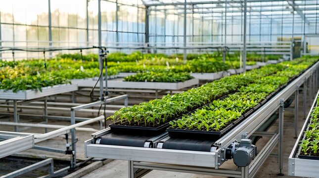 automated greenhouse conveyor transporting organized seedling trays for efficient commercial plant propagation and high volume crop production