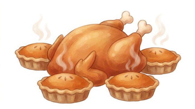 Holiday - Roasted turkey and pies illustration thanksgiving dinner