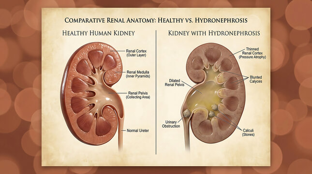 Healthy Kidney Versus Nephrolithiasis Kidney Stones and Hydronephrosis