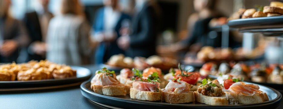 Appetizers on a serving platter at a business event in a modern setting  