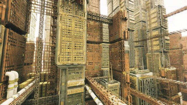 layered service bridges and ductwork weaving through tower cluster, logistics drone following route, industrial texture and warm metallic palette.