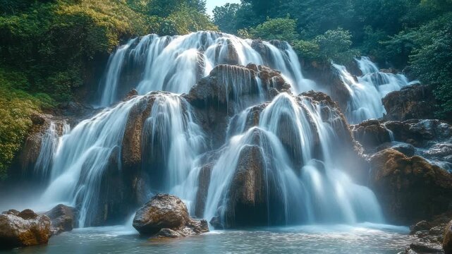 Water cascades down rocky terrain. Moss-covered stones line the waterfall. Greenery surrounds the rushing stream. No animals or plants are visible. Clear water flows over mossy rocks