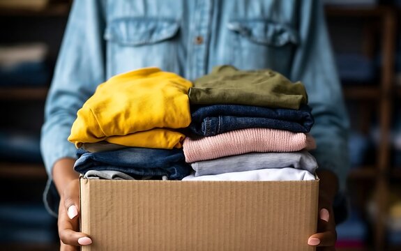 Person holding a cardboard box filled with folded clothes, ready for donation or charity.