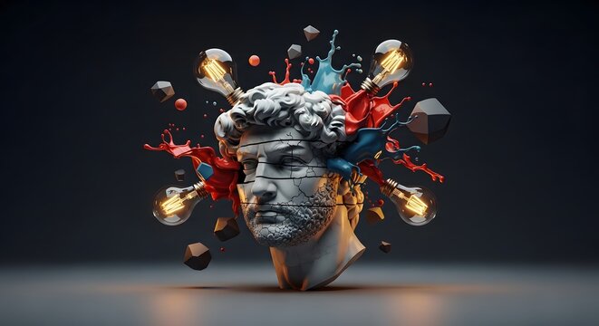 Surreal artwork of a classical bust with an exploding mind of glowing lightbulbs and abstract shapes.