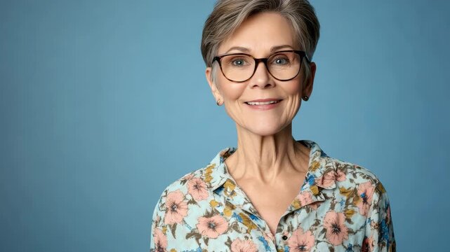 An older woman smiles at the camera wearing glasses and a floral shirt.
