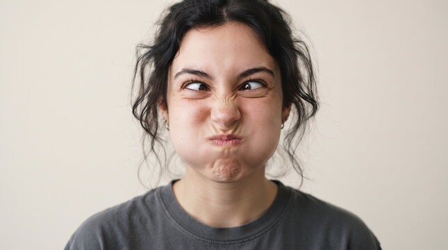 Portrait of a funny young woman fooling around puffing out cheeks and crossing eyes