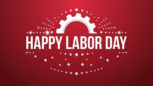 Happy labor day celebration animation with white gear wheel and twinkling stars