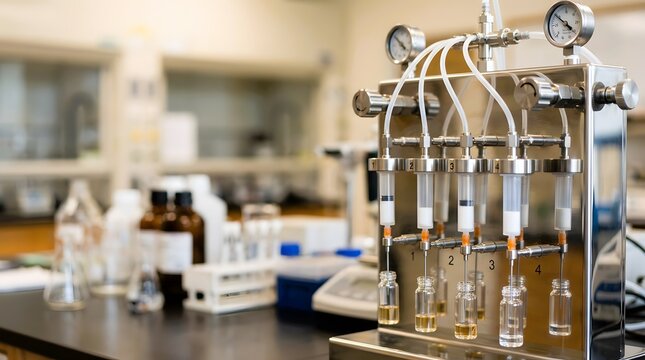 precision laboratory solid phase extraction manifold with multiple cartridges for analytical sample preparation chemical separation pharmaceutical testing and research workflows
