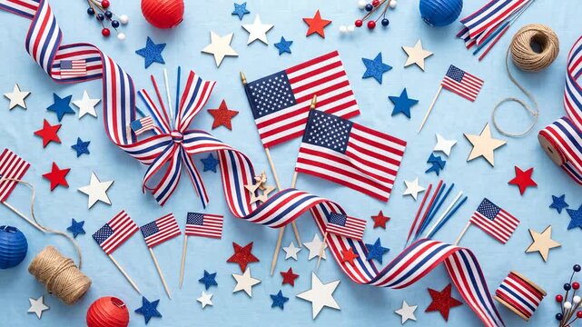 Patriotic American flags and red white and blue decorations on flat lay background
