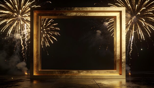 Shining large ornate rectangular gold frame catching fireworks light on stage, with pyro fountains