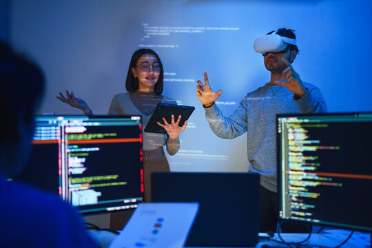 Developer teamwork use ai coding development software discussion with virtual reality device
