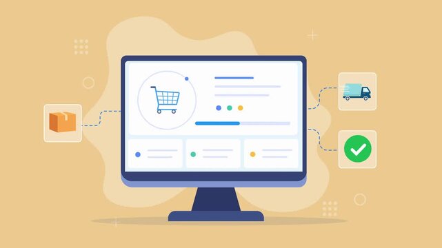 Modern flat vector animation of a desktop monitor displaying an ecommerce dashboard with shopping cart, delivery, payment, and order confirmation elements.