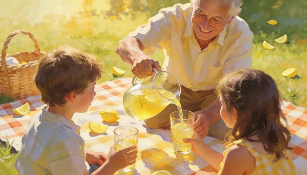 Pouring senior man serving kids lemonade on checkered blanket in sunny park, girl in yellow dress