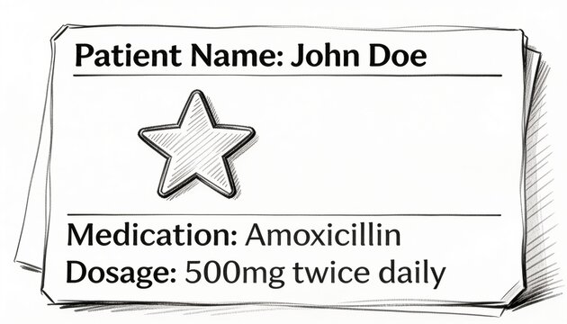 Showing prescription sheet with star, John Doe and Amoxicillin 500mg twice daily on white backdrop