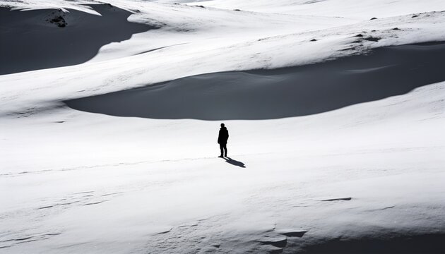Standing lone figure pausing in open snowfield, with dark coat, trail, long shadow, rock