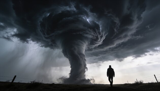 Walking man wearing dark jacket, boots heading to tornado on rural ridge, with barbed-wire fence