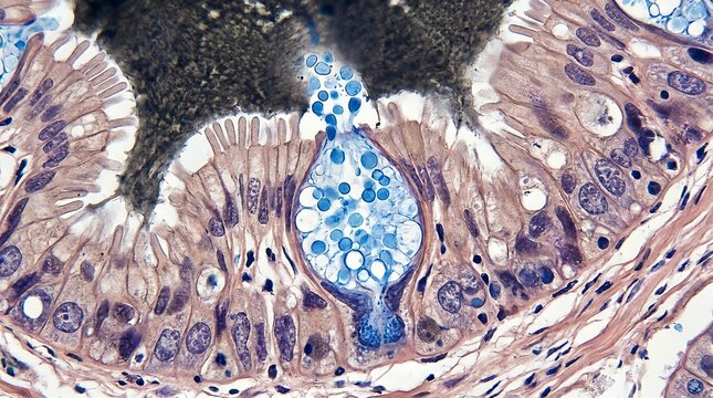 Microscopic view of a goblet cell secreting protective mucus into the intestinal lumen.