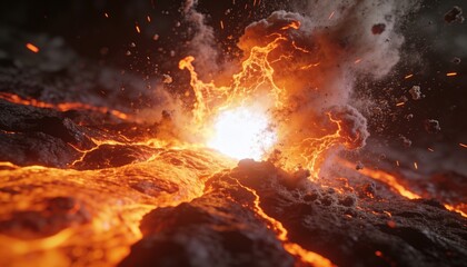 Fototapeta premium Erupting active volcanic vent throwing molten lava fountains across crater at night, ash plumes