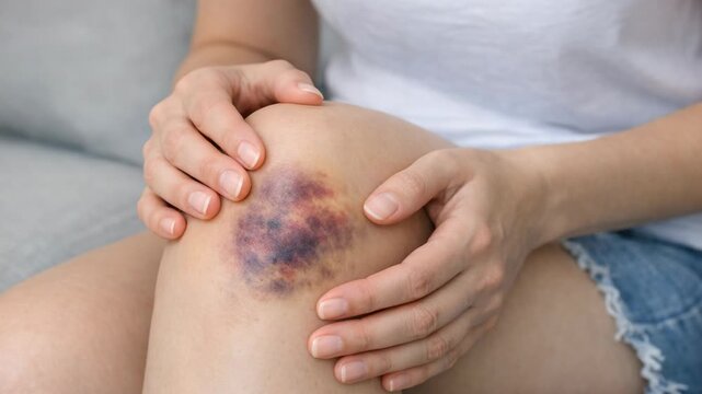 A person looking at a dark blue bruise on their knee. The man is holding his leg and appears to be examining the injury. He's wearing shorts.