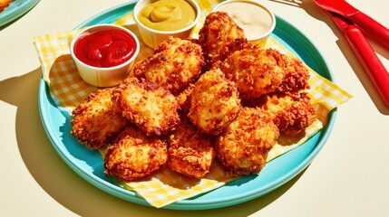 Fototapeta premium Crispy Fried Chicken Nuggets with Ketchup, Mustard and Creamy Dipping Sauces