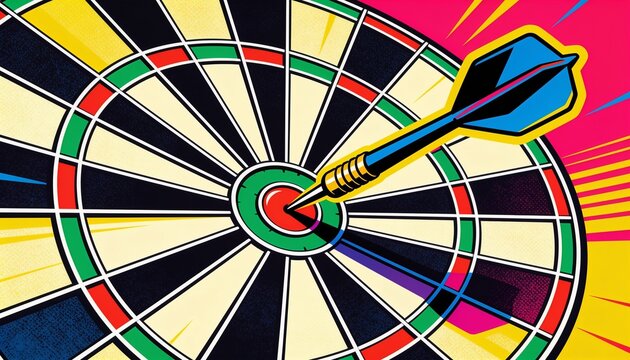 Piercing single blue-and-yellow dart hitting red bullseye on pop-art dartboard, halftone streaks