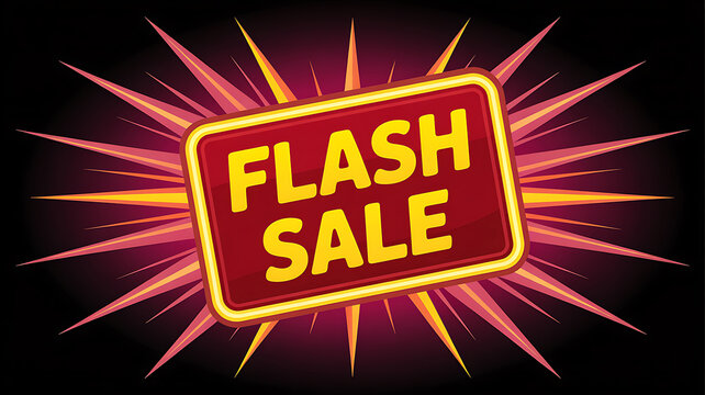 Flash Sale announcement with bright yellow text on a red sign and radial purple burst Keywords