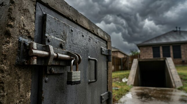 Secured underground storm shelter door in a suburban backyard during a dark cloudy day.