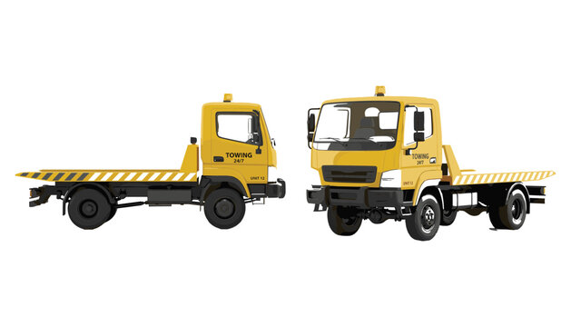 Yellow flatbed tow truck mockup set with side and front angle views isolated on white background vector illustration