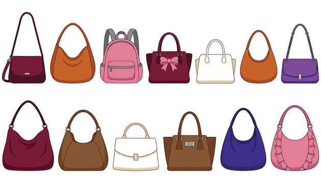 Women fashion bags collection with various colored handbags purses tote and backpack isolated on white background vector illustration