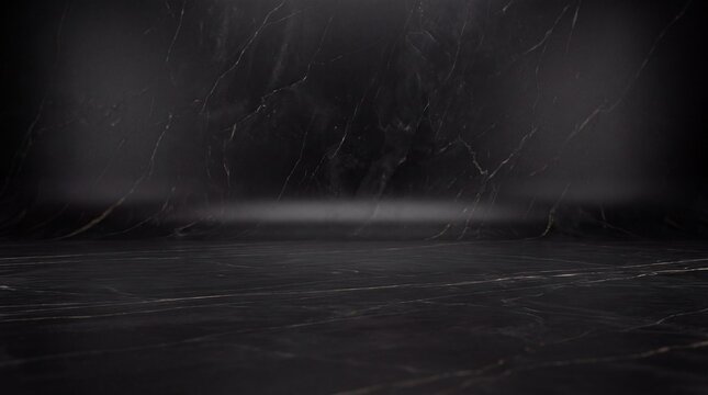 Empty black marble studio background with soft lighting for product display