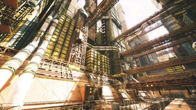 towering machinery court with stacked engines and service platforms, dense network of pipes and ladders, bright shafts of light highlight industrial complexity