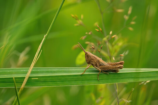 A brown grasshopper resting on a vibrant green blade of grass in a sunlit meadow, with a soft blurred nature background.