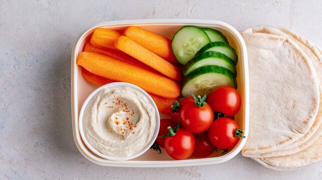Healthy lunch container with fresh carrots, cucumber, cherry tomatoes, hummus, and flatbread on a table