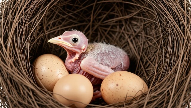 Animal - Newborn hatchling bird and speckled eggs in a nest