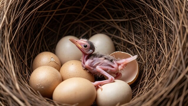 Animal - Newborn hatchling bird in a woven nest with eggs