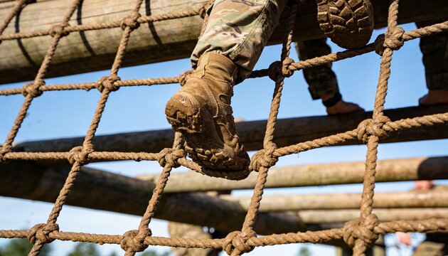 Pressing tan boot in camo trousers on knotted rope net at obstacle course, wooden beams, muddy