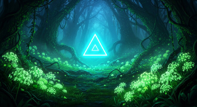 Ethereal forest scene with glowing flowers and a luminous geometric shape, symbolizing mystery, nature, and the supernatural.