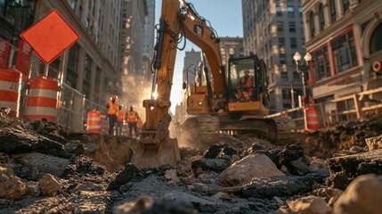 Fototapeta premium Large yellow excavator operating in a city road construction trench under sunlight, workers managing progress and safety
