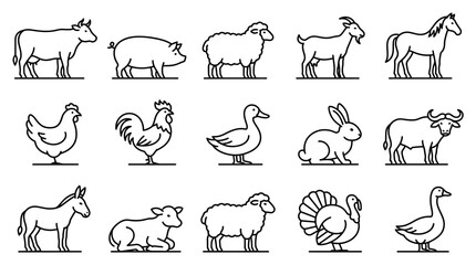 Obraz premium Farm Animals Icon Set, Livestock and Poultry Vector Collection, Cute Barnyard Creature Graphics for Agriculture and Countryside Themes