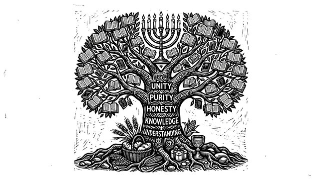 Tree of Life vector illustration, symbolizing unity, purity, honesty, knowledge, and understanding, adorned with Torah scrolls and a Menorah, rooted in tradition and wisdom.